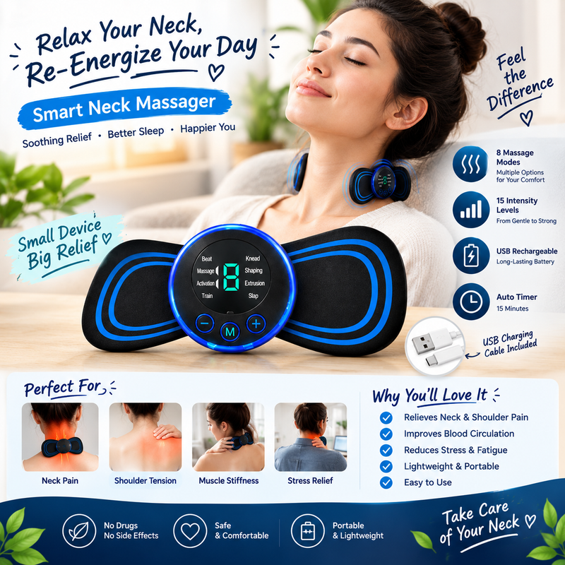 Smart Neck Massager with 8 Modes & 15 Intensity Levels | USB Rechargeable Neck & Shoulder Relaxation Device